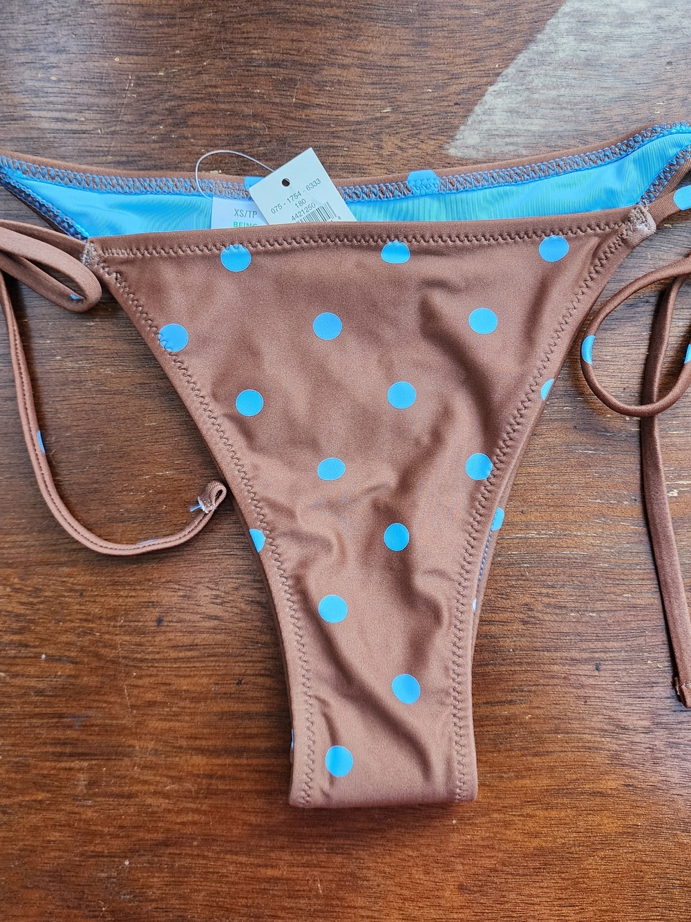NWT Aerie Brown Blue Polka Dot Cheekiest Side Tie Bikini Bottom XS
